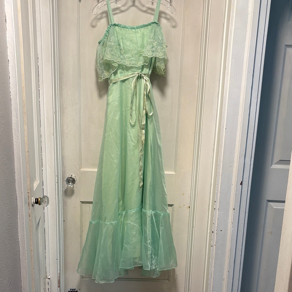 Vintage Union Made Mint Green Sheer Lined Ruffled Maxi Prom or Bridesmaid Dress